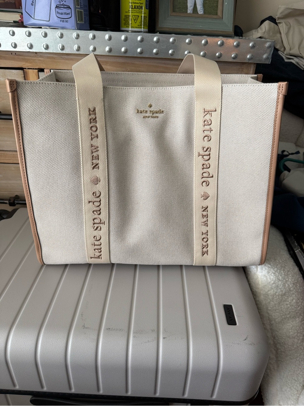 kate spade Cream Canvas Tote with Tan Trim and Logo Straps